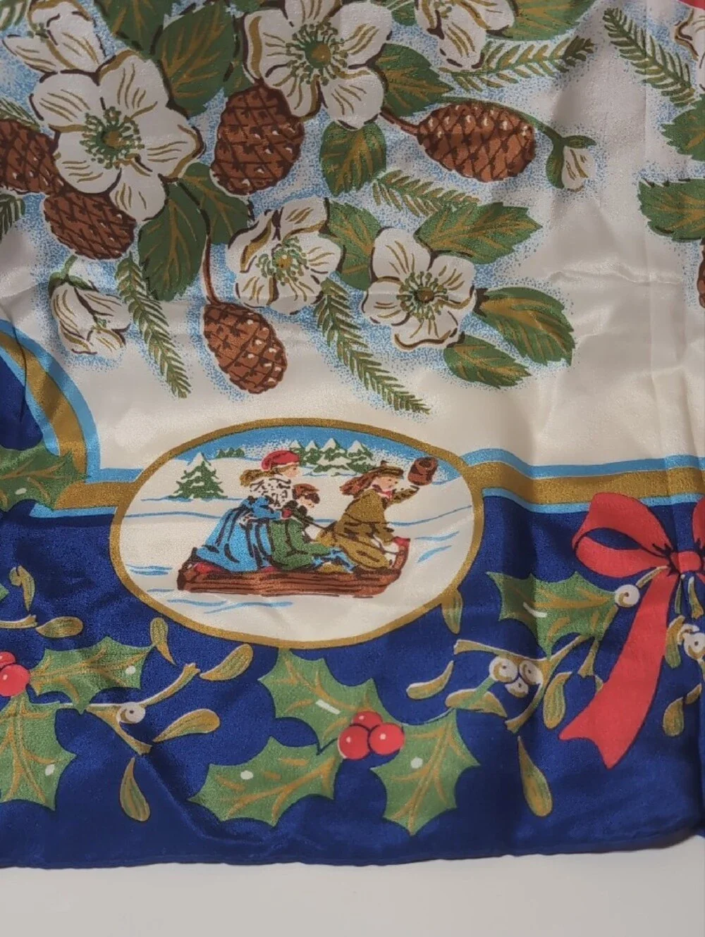 Vntg 100% Silk Square Scarf with Holiday Design, 1992 Old Fashioned